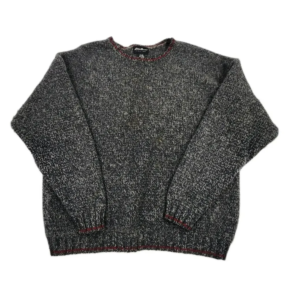 Vintage Eddie Bauer Mens Wool Sweater Dark Grey Red Trim Size XXL